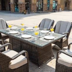 Direct Wicker Regal 7-Piece Outdoor Dining Set With LP Fire Pit Table (PAG-1106-R) -Top Tier Shop direct wicker rectangular 6 seat fire pit dining table with eton chair pag 1106 r 8844053028350 28885092827230