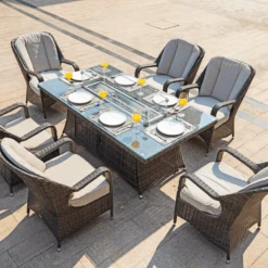 Direct Wicker Regal 7-Piece Outdoor Dining Set With LP Fire Pit Table (PAG-1106-R) -Top Tier Shop direct wicker rectangular 6 seat fire pit dining table with eton chair pag 1106 r 8844053028350 28885096300638