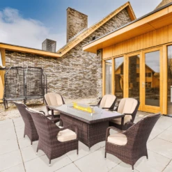 Direct Wicker Regal 7-Piece Outdoor Dining Set With LP Fire Pit Table (PAG-1106-R) -Top Tier Shop direct wicker regal 7 piece outdoor dining set with lp fire pit table pag 1106 r pag 1106 r 8844053028350 28941246922846